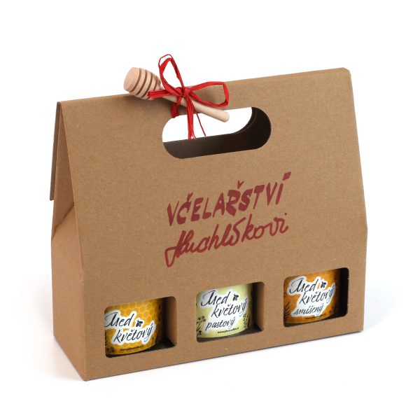 Dárkové balení medíků 3x250g s dřevěnou naběračkou (med květový, pastový, smíšený)